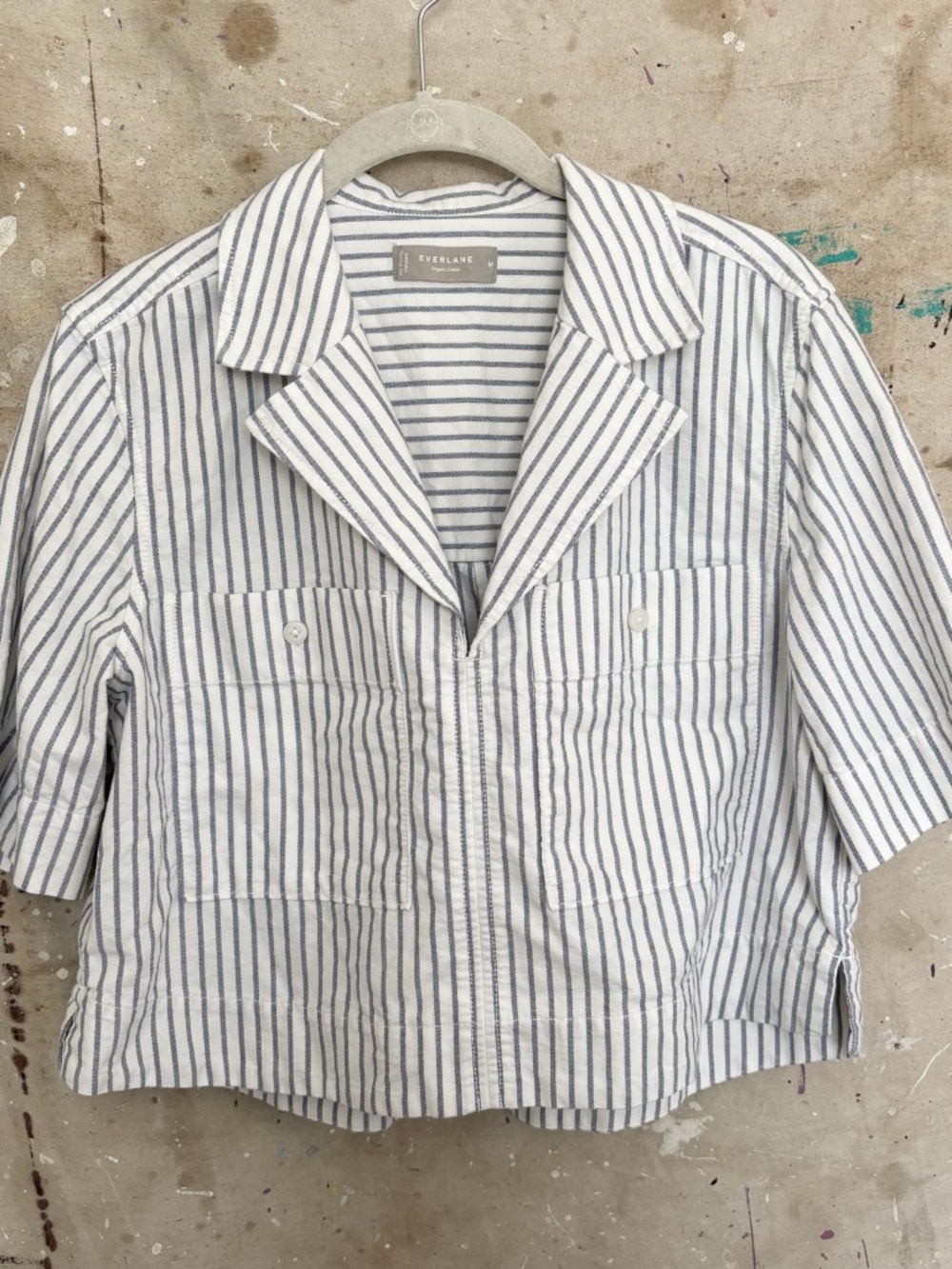 Everlane White and Blue Striped Short-Sleeve Camp Collar Shirt - Picture 4 of 7